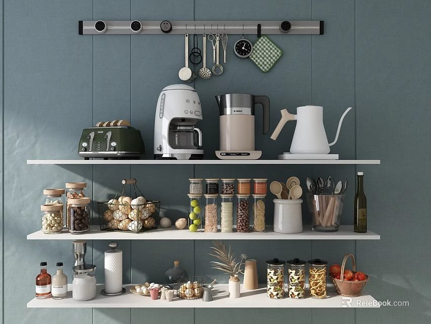 Stylish Kitchen Utensils on Shelves with Appliances Spice Jars and Fresh Fruits 3d model 