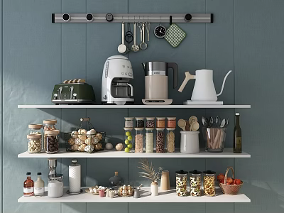 Stylish Kitchen Utensils on Shelves with Appliances Spice Jars and Fresh Fruits 3d model