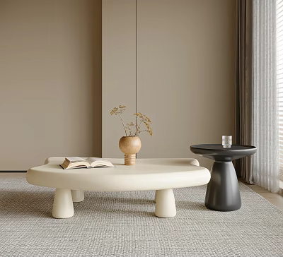 Modern Beige Coffee Table With Unique Legs Open Book Wooden Vase And Dried Flowers 3d model