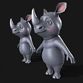 Cute Gray Cartoon Rhinoceros Characters With Pink Ears Standing On Black Background