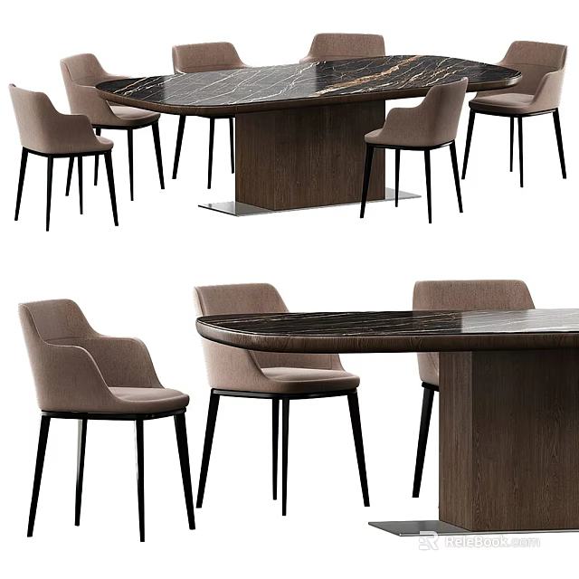 Modern Home Dining Table Set With Marble Top Wooden Legs And Light Brown Chairs 3d model 