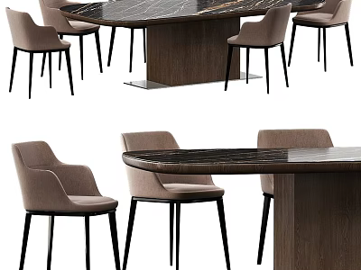 Modern Home Dining Table Set With Marble Top Wooden Legs And Light Brown Chairs 3d model