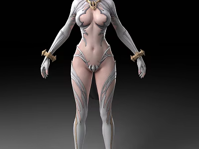 Futuristic Woman in White Bodysuit with Gold Accents and Cybernetic Body Design 3d model