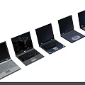 Five Modern Laptops Arranged In A Row With Various Screen Displays On Black Background 3d model