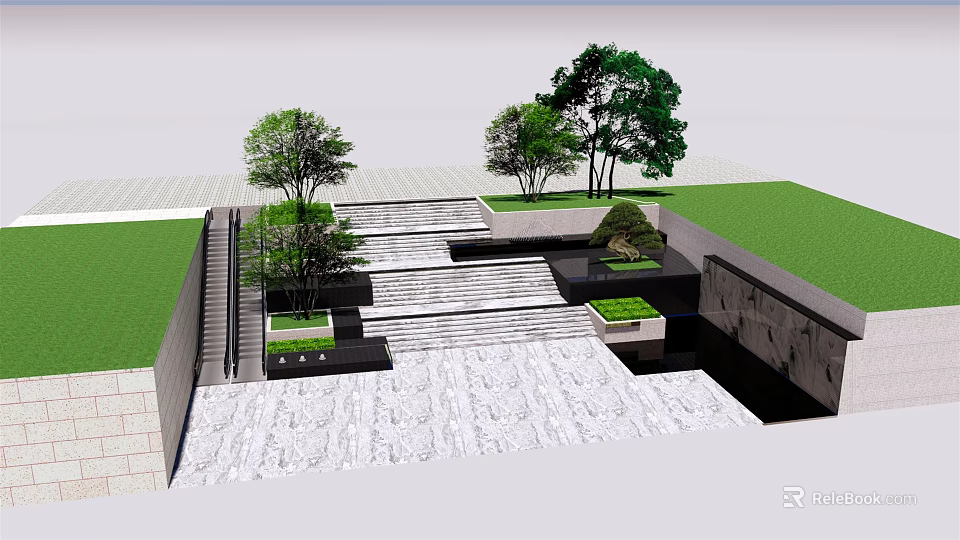 Garden Ornamental Features With Stone Steps Green Trees Grass And Water 3d model 