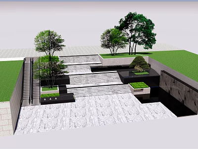 Garden Ornamental Features With Stone Steps Green Trees Grass And Water 3d model