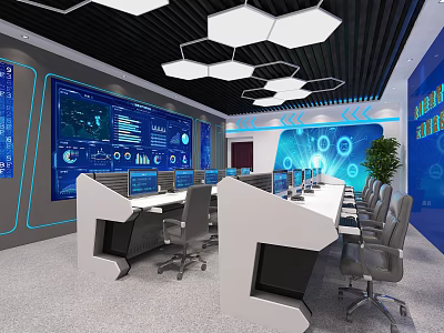 Modern Control Room Interior With Large Digital Screens Data Charts And Workstations 3d model