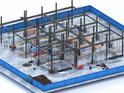 Steel Structure Building Frame Under Construction With Construction Materials On Site 3d model