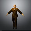 Elderly Man Wearing Brown Plaid Robe And Brown Pants With Arms Outstretched Against Gray Background