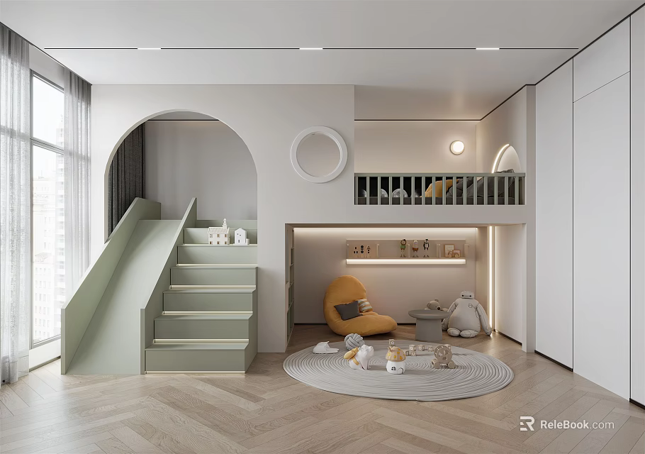 Modern Kids Room Interior With Slide Staircase Loft Bed Arched Design And Circular Decor 3d model 