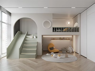 Modern Kids Room Interior With Slide Staircase Loft Bed Arched Design And Circular Decor 3d model