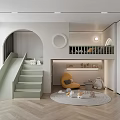 Modern Kids Room Interior With Slide Staircase Loft Bed Arched Design And Circular Decor