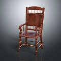 Vintage Wooden Leisure Chair With Carved Armrests Studded Backrest And Curved Legs