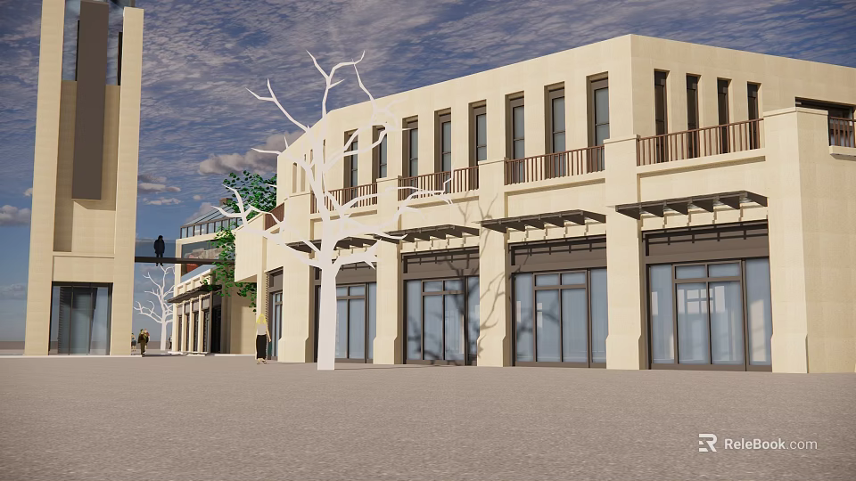 Modern Commercial Street With Beige Buildings Large Windows Balconies And Trees 3d model 
