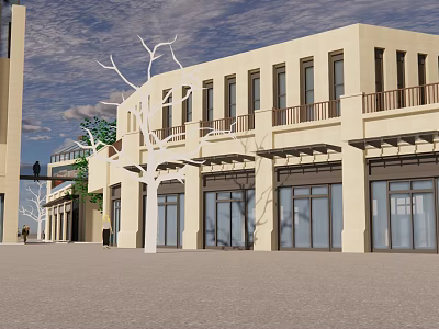 Modern Commercial Street With Beige Buildings Large Windows Balconies And Trees 3d model
