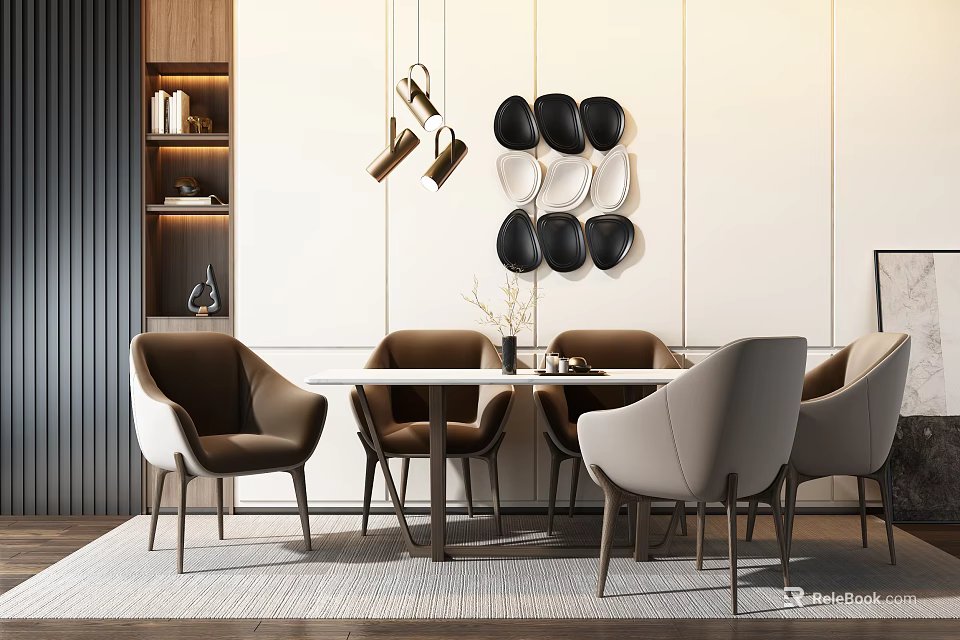 Elegant Modern Dining Table Set With Beige Brown Chairs Circular Wall Plates And Hanging Lights 3d model