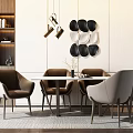 Elegant Modern Dining Table Set With Beige Brown Chairs Circular Wall Plates And Hanging Lights 3d model