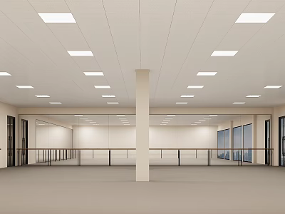 Spacious Indoor Fitness Studio With Bright Ceiling Lights And Railings 3d model