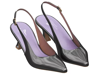 Black Patent Leather Pointed Toe Slingback Shoes With Medium Heel And Purple Insole 3d model