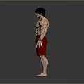 Muscular Shirtless Male Character With Black Hair Red Shorts And Barefoot In Gray Background