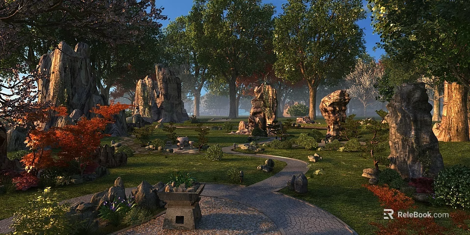 Serene Garden Landscape With Winding Stone Path And Various Rock Formations 3d model 