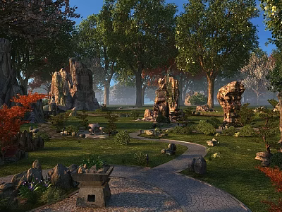 Serene Garden Landscape With Winding Stone Path And Various Rock Formations 3d model