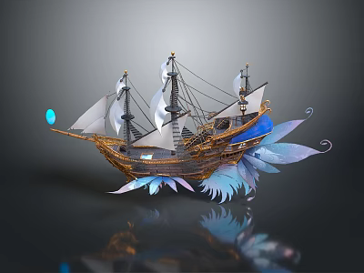 Sailing Ship Model With White Sails Golden Hull Blue Glowing Orb And Feather Decorations 3d model