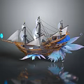 Sailing Ship Model With White Sails Golden Hull Blue Glowing Orb And Feather Decorations