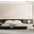 Modern Double Bed With Dark Headboard Light Sheets Hanging Lamp And Minimalist Rug