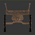 Vintage Wooden Cart Featuring Railings and Spoked Wheels on Reflective Surface
