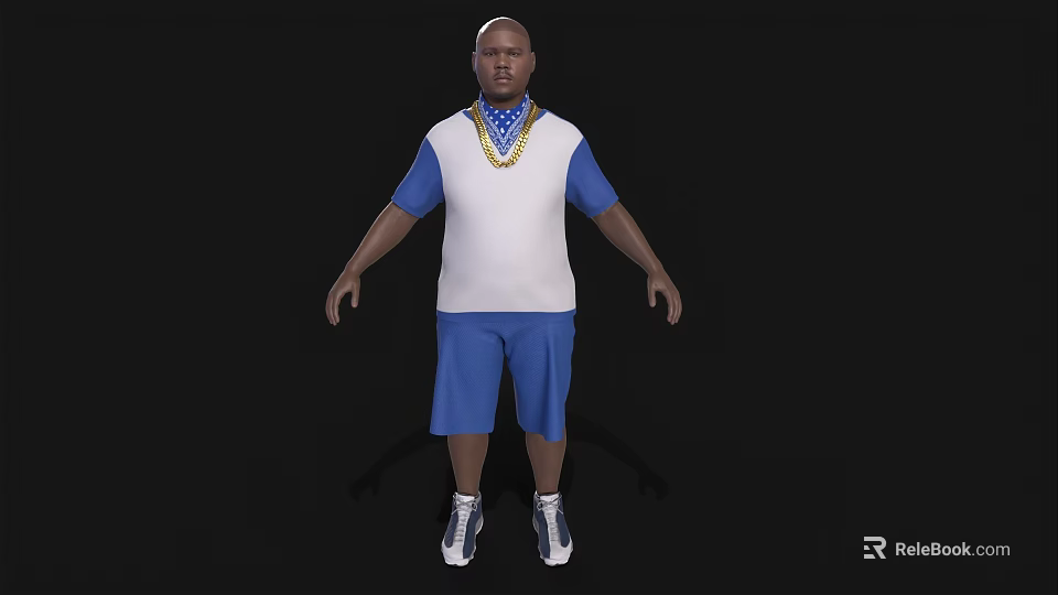 Man In Blue And White Short Sleeve Shirt Blue Shorts Gold Chain Sneakers Black Background 3d model 