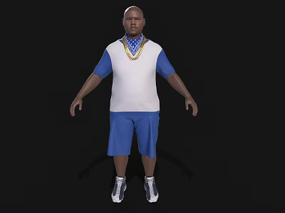 Man In Blue And White Short Sleeve Shirt Blue Shorts Gold Chain Sneakers Black Background 3d model