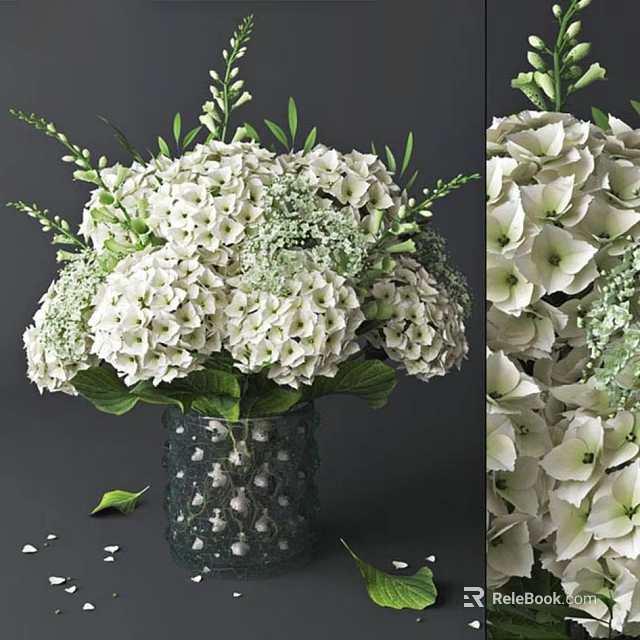 White Hydrangea Flowers In Glass Vase With Polka Dots And Green Leaves 3d model 