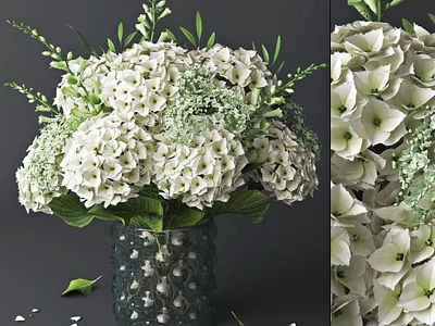 White Hydrangea Flowers In Glass Vase With Polka Dots And Green Leaves 3d model