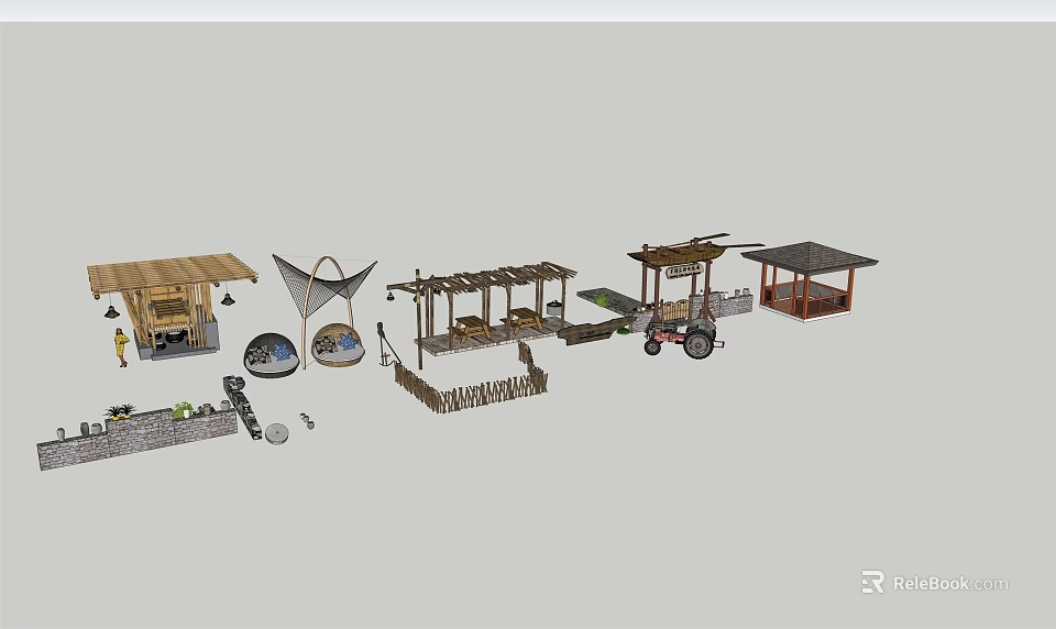 Assorted Garden Ornaments With Pavilions Pergolas Fences And Decorative Elements 3d model