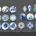 Traditional Blue And White Ceramic Wares Porcelain Plates Vases And Decorative Items Displayed On Wall