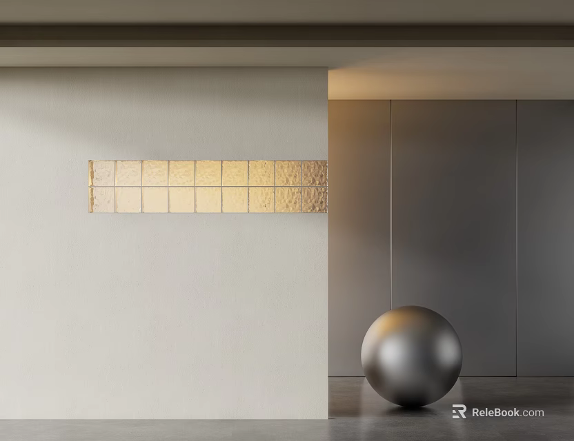 Modern Interior With Beige Wall Partition Featuring Yellow Grid Pattern And Silver Spherical Object 3d model 
