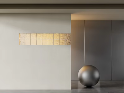 Modern Interior With Beige Wall Partition Featuring Yellow Grid Pattern And Silver Spherical Object 3d model
