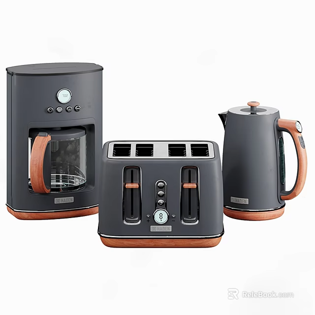 Modern Dark Gray Kitchen Appliances With Wooden Handles Coffee Maker Toaster Kettle 3d model 