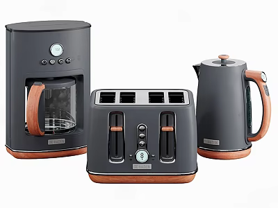Modern Dark Gray Kitchen Appliances With Wooden Handles Coffee Maker Toaster Kettle 3d model