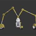 Yellow 3D Rendered Mechanical Robot With Articulated Arms Wheels And Transparent Cabinets