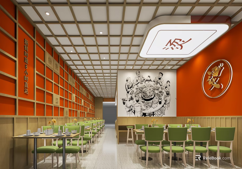 Chinese Hotpot Restaurant Interior Design With Orange Walls Green Chairs And Decorative Paintings 3d model 