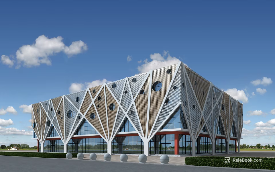 Modern Library Building With Geometric Facade And Circular Glass Windows Design 3d model