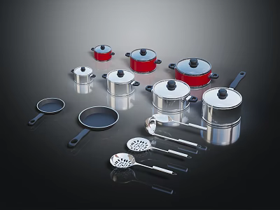 Stainless Steel And Red Cookware Set With Frying Pans And Kitchen Utensils 3d model