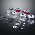 Stainless Steel And Red Cookware Set With Frying Pans And Kitchen Utensils
