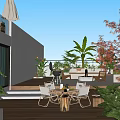 Tranquil Garden Landscape With Wooden Deck Red Leaf Trees Banana Plants And Outdoor Furniture