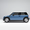 Blue Mini Style Car With Round Headlights White Roof And Front Grille Design