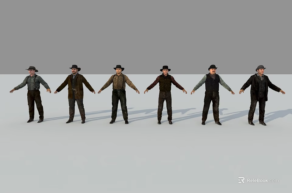 Multiple Male Characters Standing In Row With Different Vintage Costumes 3d model 