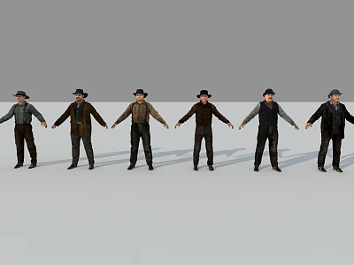 Multiple Male Characters Standing In Row With Different Vintage Costumes 3d model