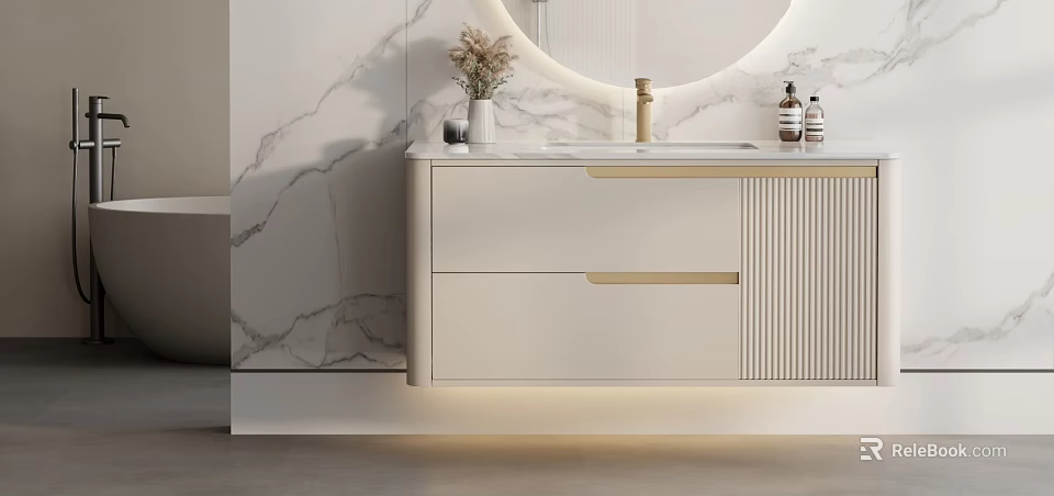 Elegant Modern Bathroom Interior With White Marble Wall Round Mirror And Gold Faucet Vanity Cabinet 3d model 